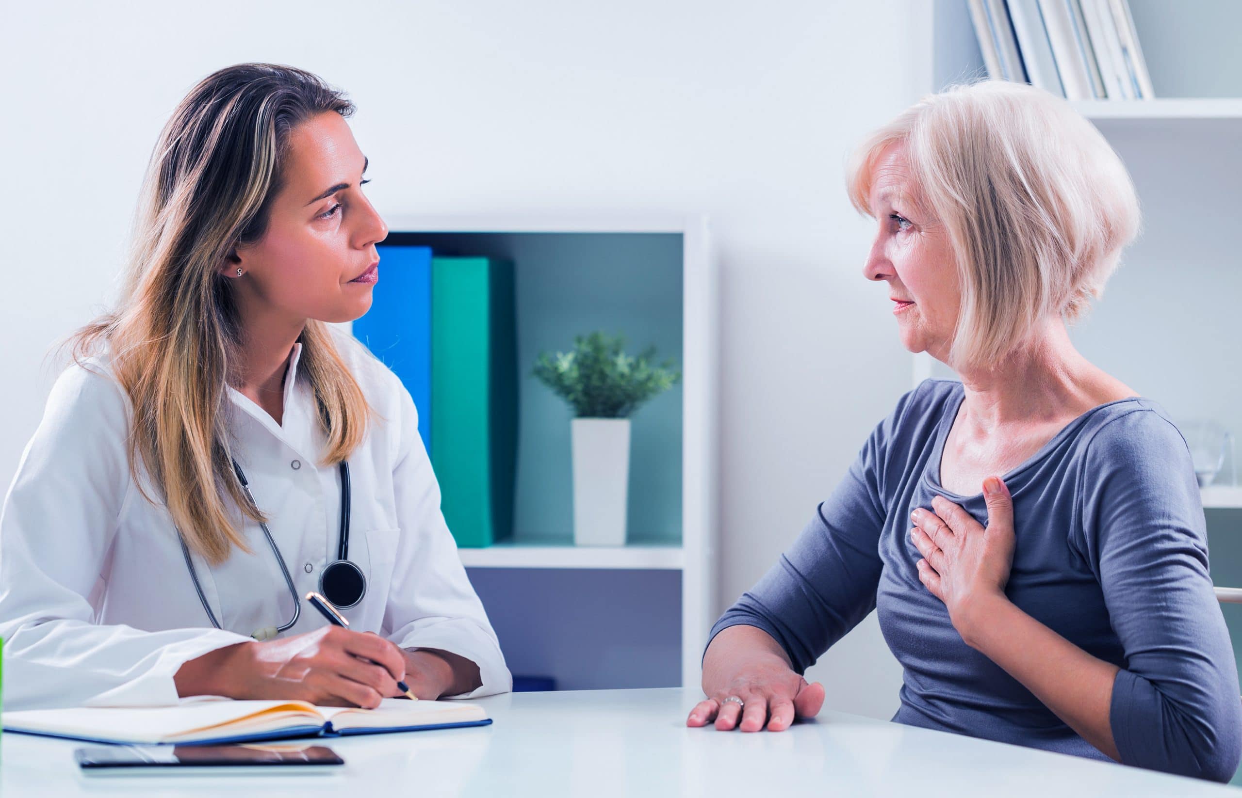 This is an image of a lung cancer patient expressing their personal injury to their doctor.